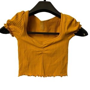 Yellow crop top lettuce trim small stretch ribbed with rouching at bust
